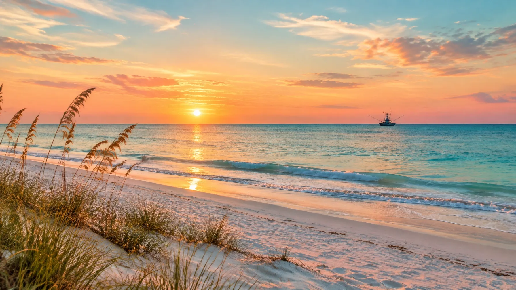 AI-generated image of a warm sunset over the Gulf of Mexico near Anna Maria Island, Bradenton, with a wide sandy beach and gentle waves. AI-generated image for illustrative purposes.