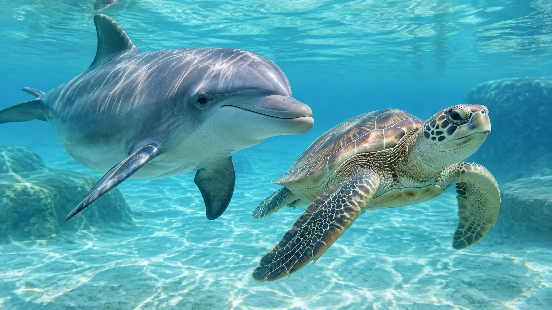 AI-generated rescued dolphin and sea turtle swimming in a marine rehabilitation habitat. AI-generated visual for illustrative purposes; destination appearance, features, amenities, and activities may differ from actual offerings.