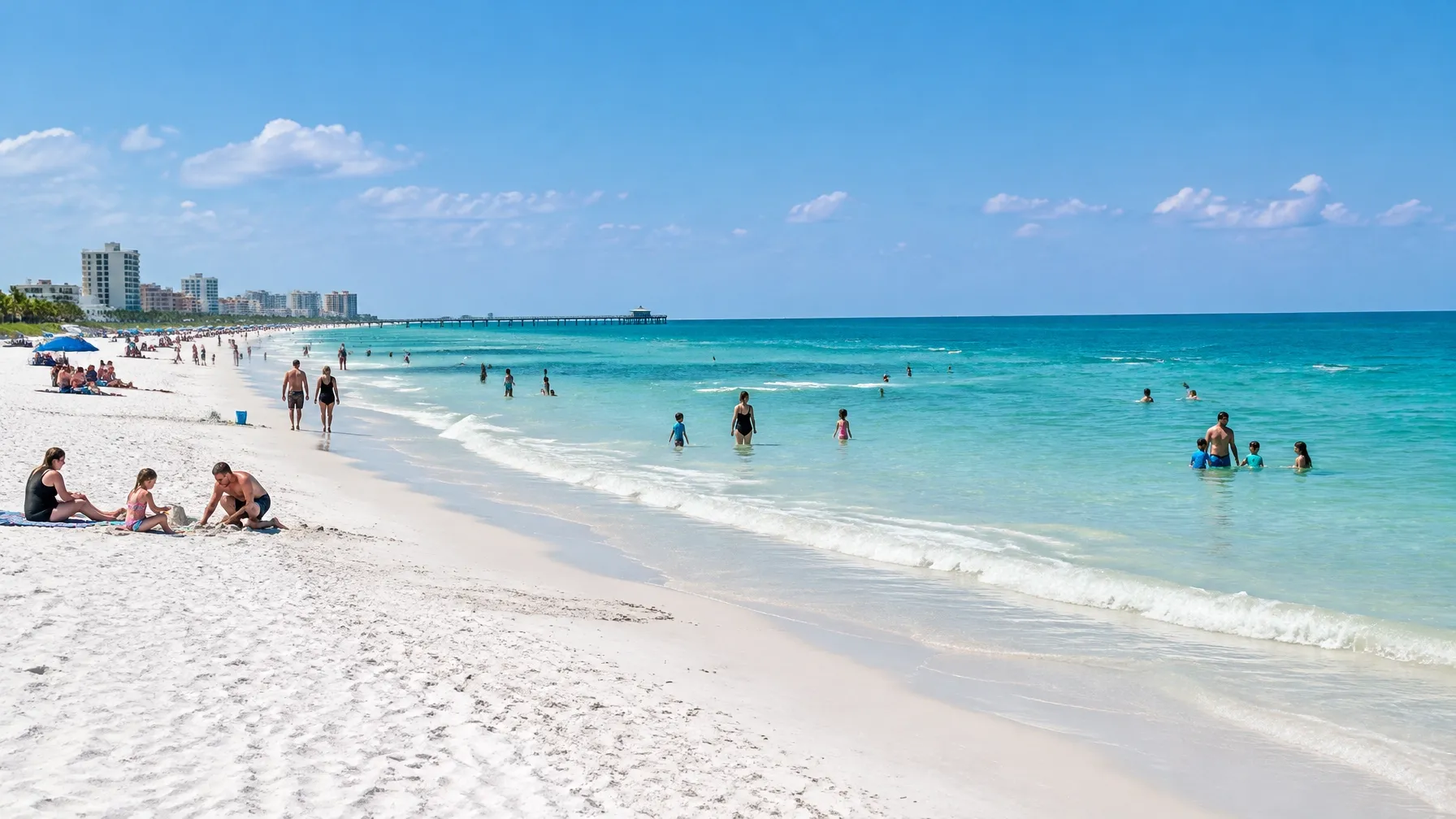 AI-generated Clearwater-style white-sand beach with families enjoying the shoreline. AI-generated visual for illustrative purposes; destination appearance, features, amenities, and activities may differ from actual offerings.