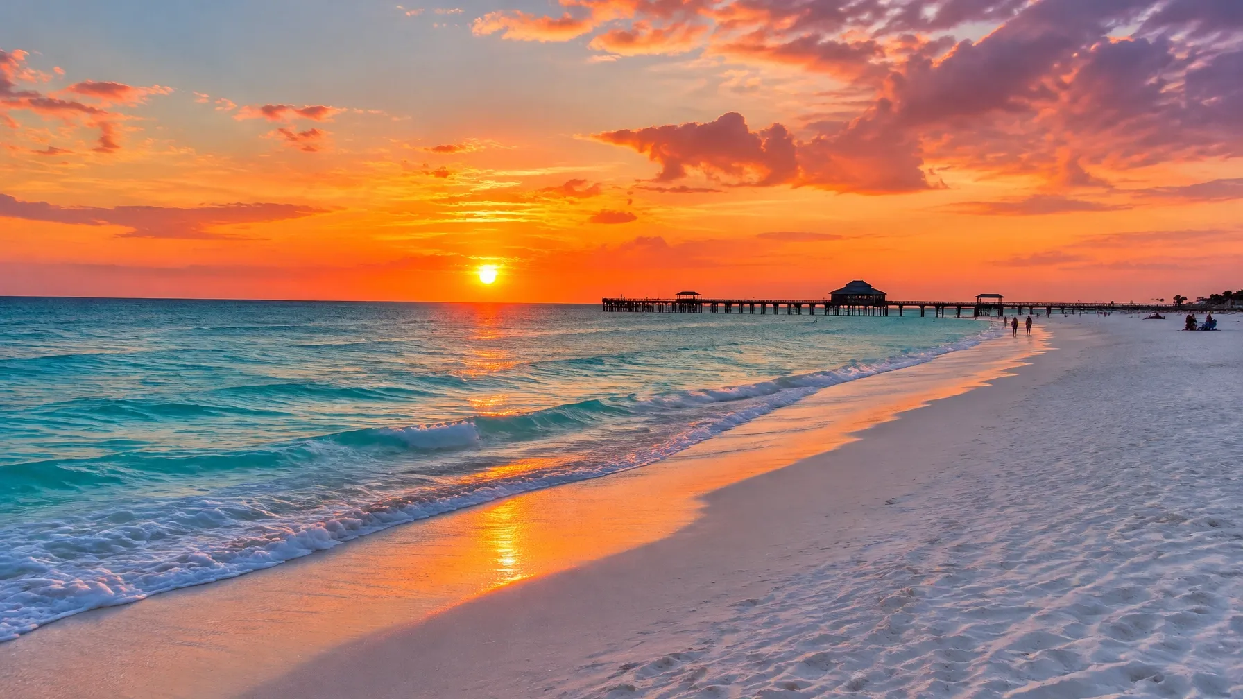 AI-generated Clearwater-style Gulf beach at sunset with wide pale sand and turquoise water. AI-generated visual for illustrative purposes; destination appearance, features, amenities, and activities may differ from actual offerings.