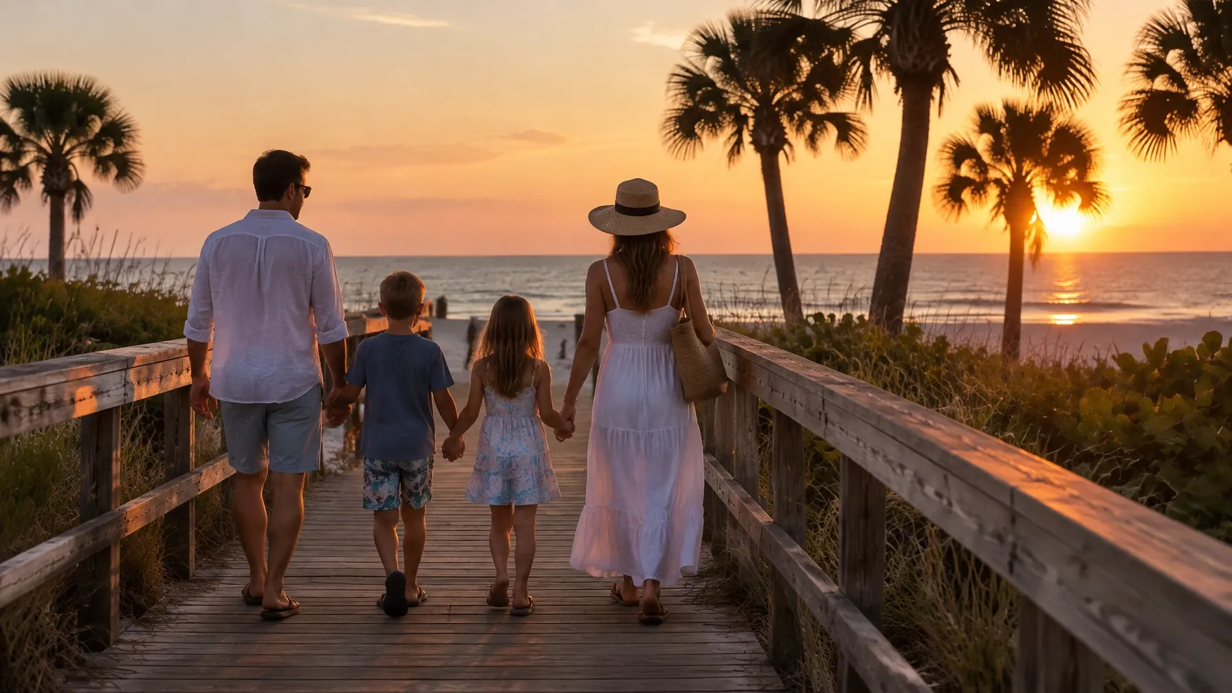AI-generated family walking along a Florida Gulf Coast boardwalk at sunset. AI-generated visual for illustrative purposes; destination appearance, features, amenities, and activities may differ from actual offerings.