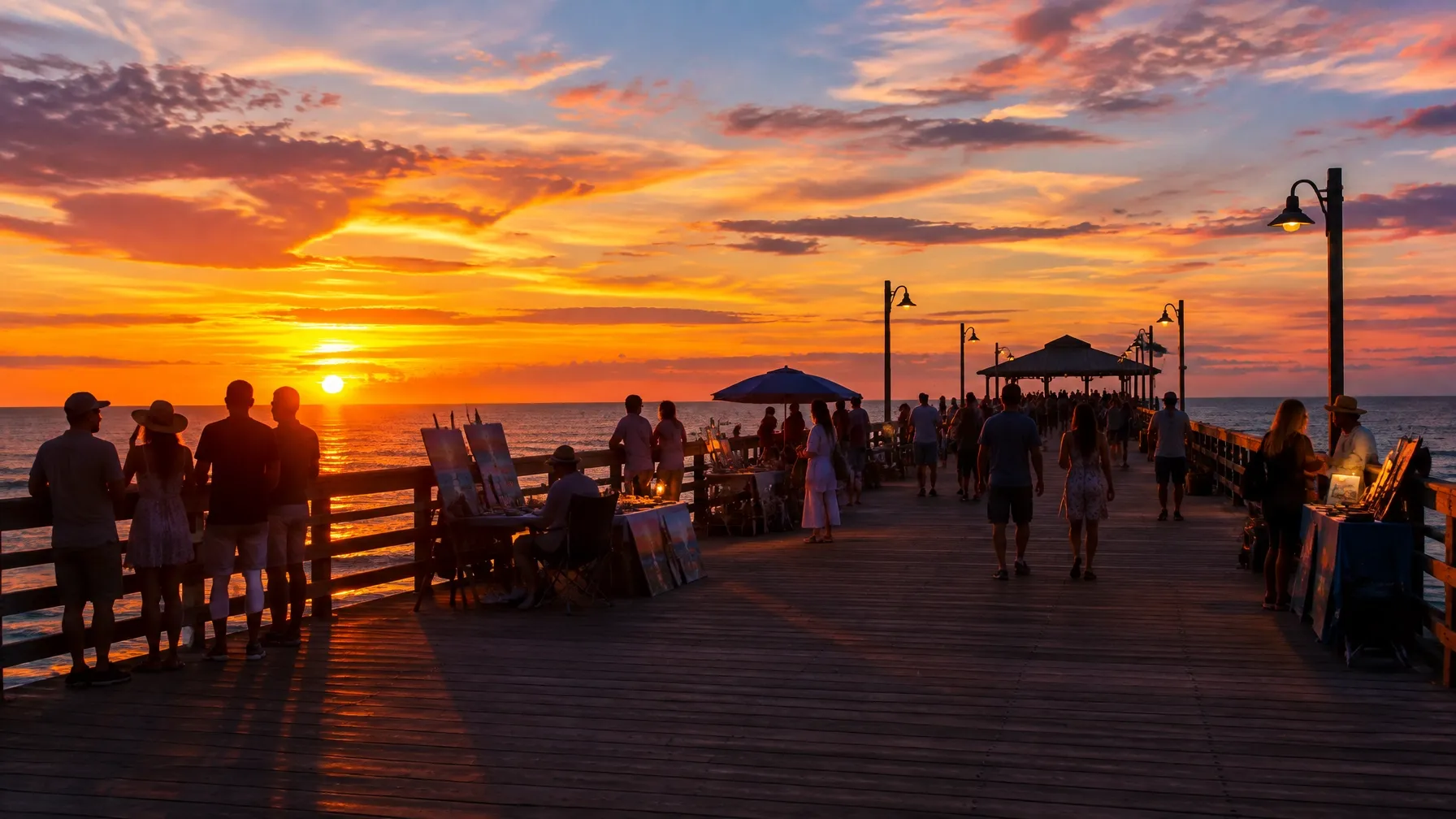 AI-generated Gulf pier sunset scene with distant visitors and artist tables. AI-generated visual for illustrative purposes; destination appearance, features, amenities, and activities may differ from actual offerings.
