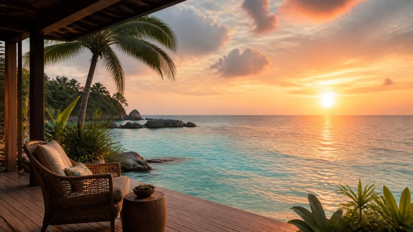 Golden tropical sunset over calm turquoise water from an inviting seaside terrace