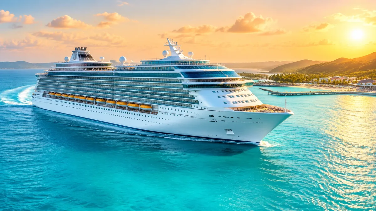 A modern unbranded cruise ship sailing through turquoise water in a sunlit tropical port