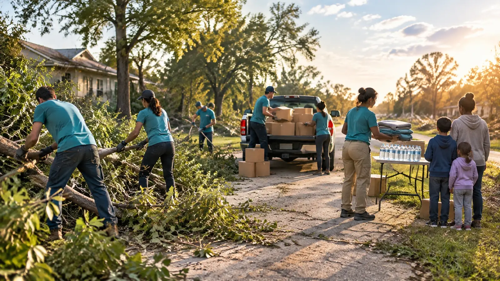 Anonymous volunteers in plain clothing clearing storm debris and sharing water and blankets with a family at golden hour