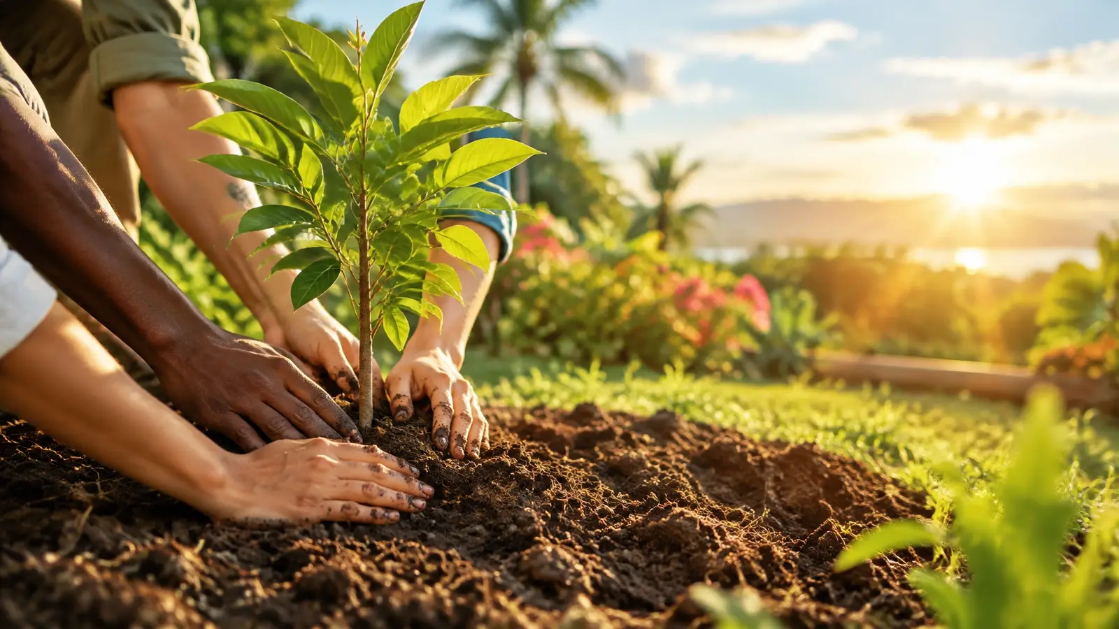 Anonymous hands planting a young tree in sunlit garden soil