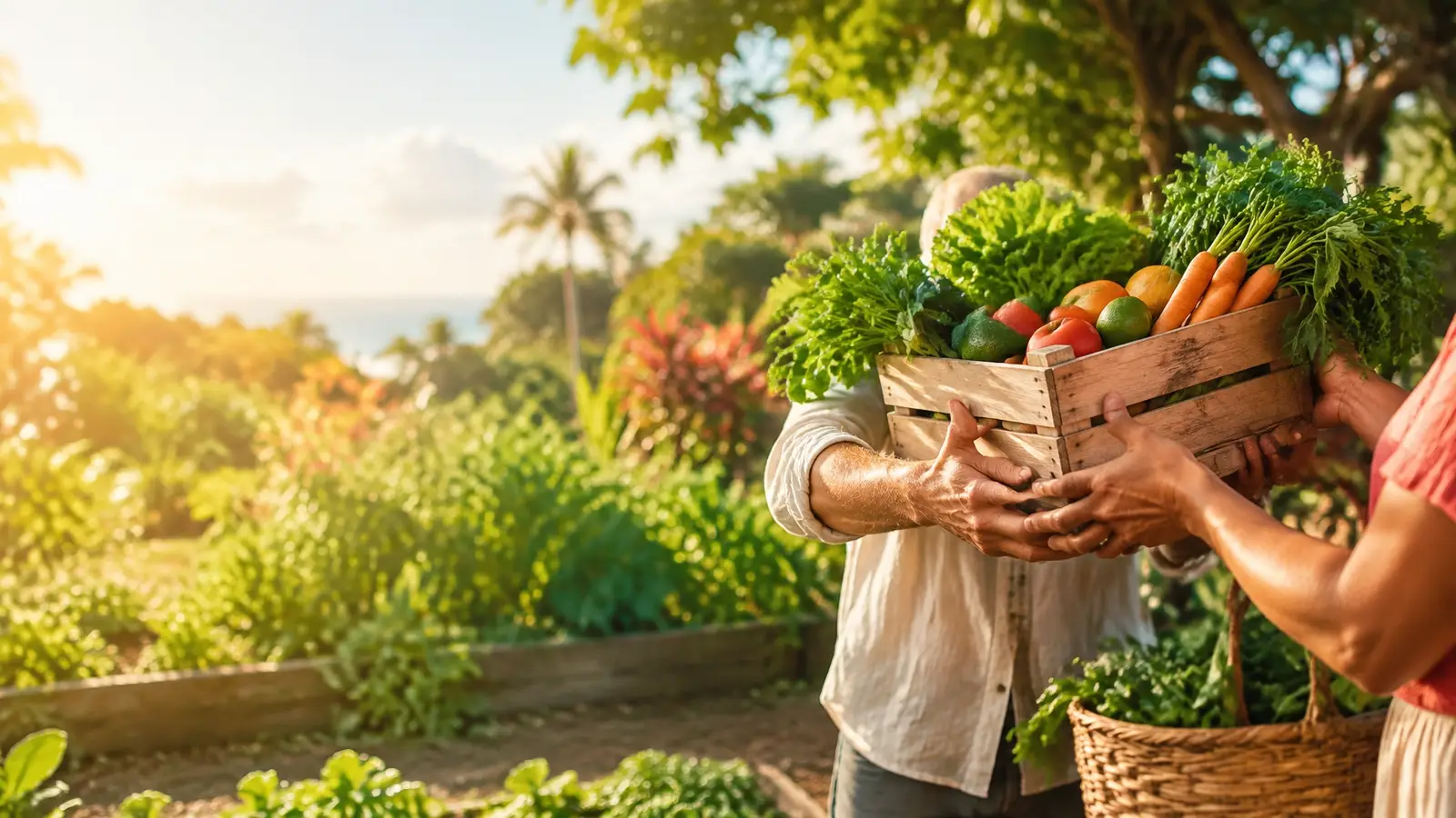 Hands passing a wooden crate of fresh produce in a sunlit community garden