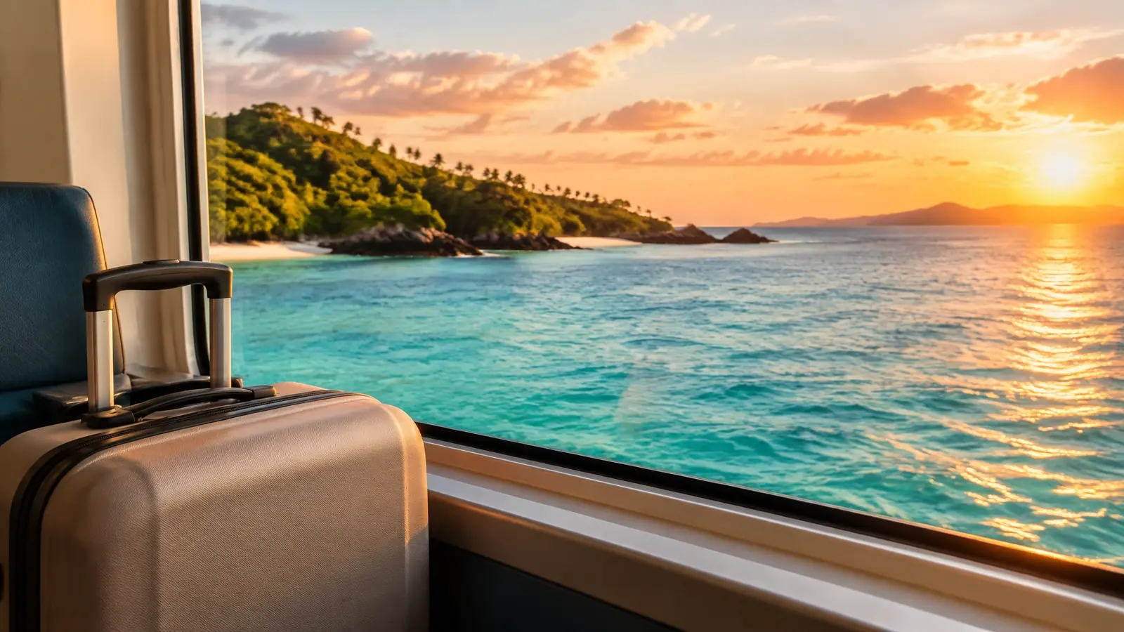 Unbranded suitcase beside a sunlit window overlooking a turquoise shoreline at golden hour