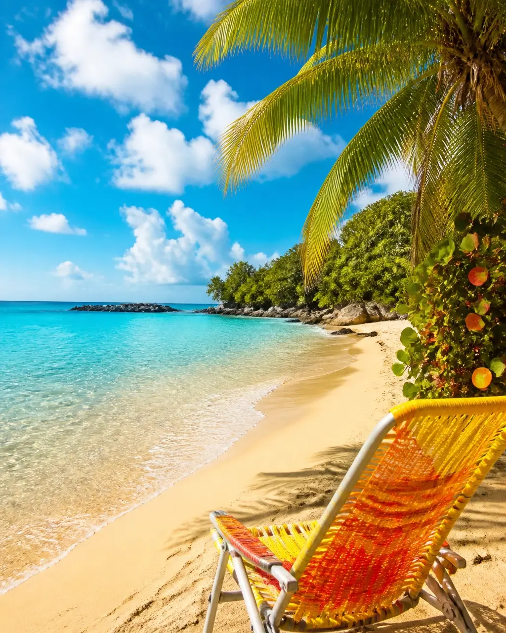 Golden Caribbean beach with turquoise shallows and a bright woven chair