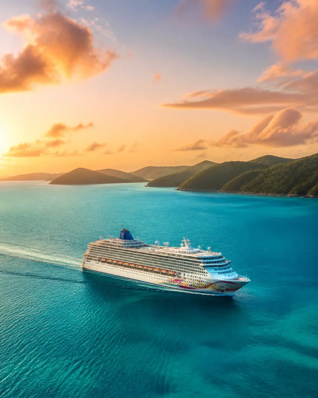 Cruise ship sailing through turquoise Caribbean water at golden hour