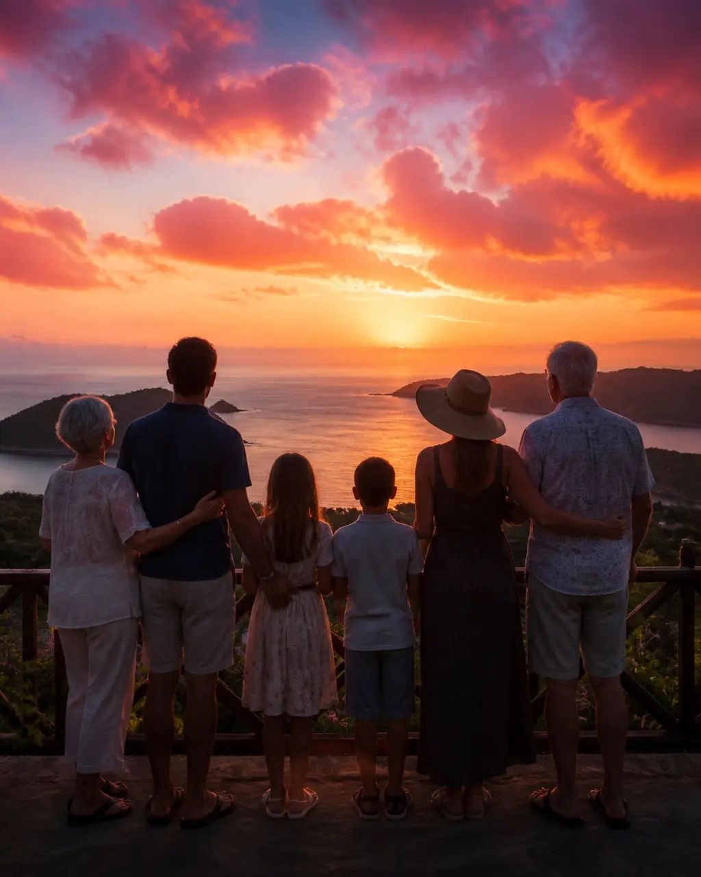 Family watching a vivid tropical sunset from an ocean overlook
