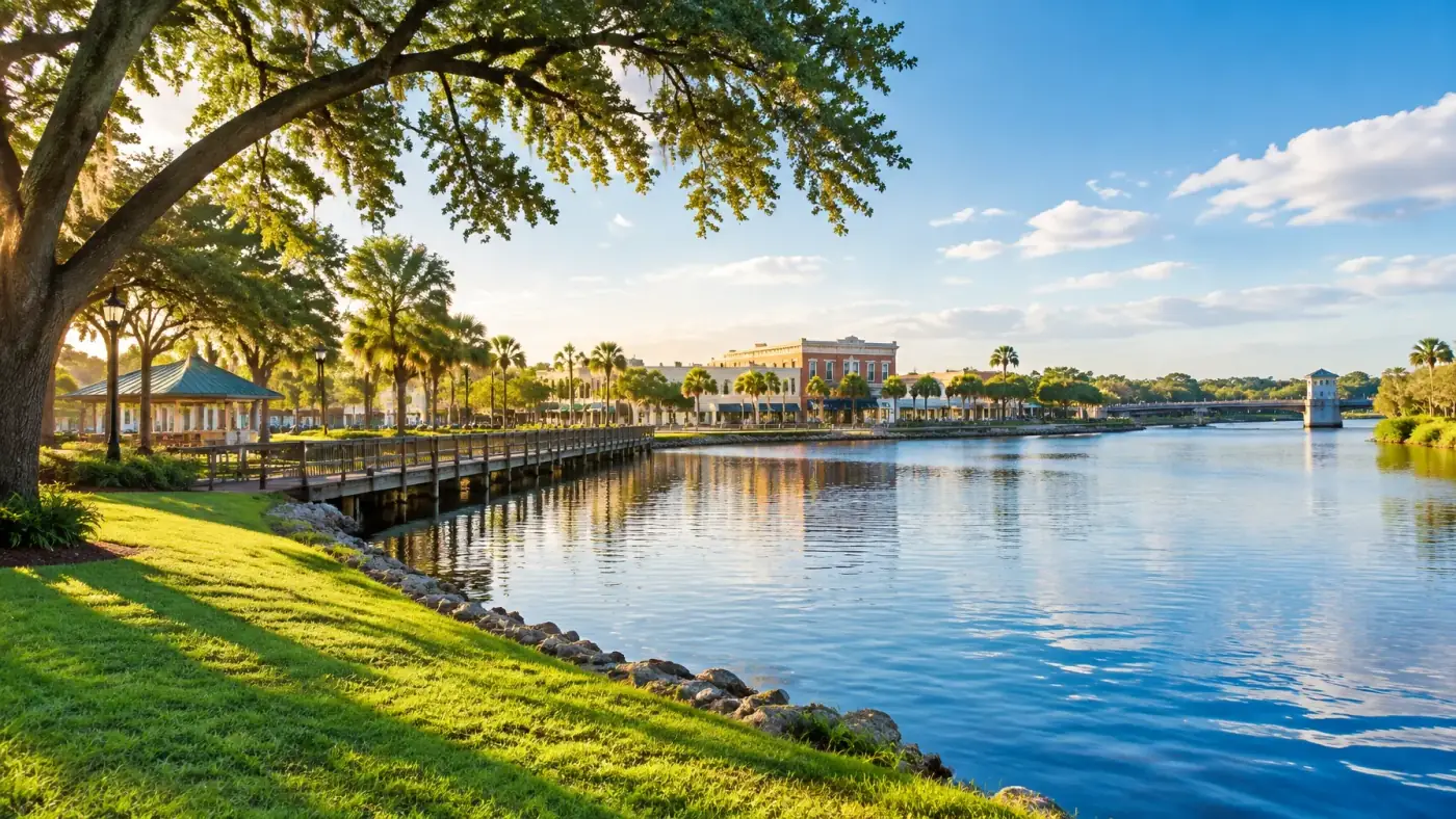AI-generated Florida riverfront park and historic downtown inspired by New Port Richey. AI-generated visual for illustrative purposes. This illustrative scene is not a documentary photograph of New Port Richey.