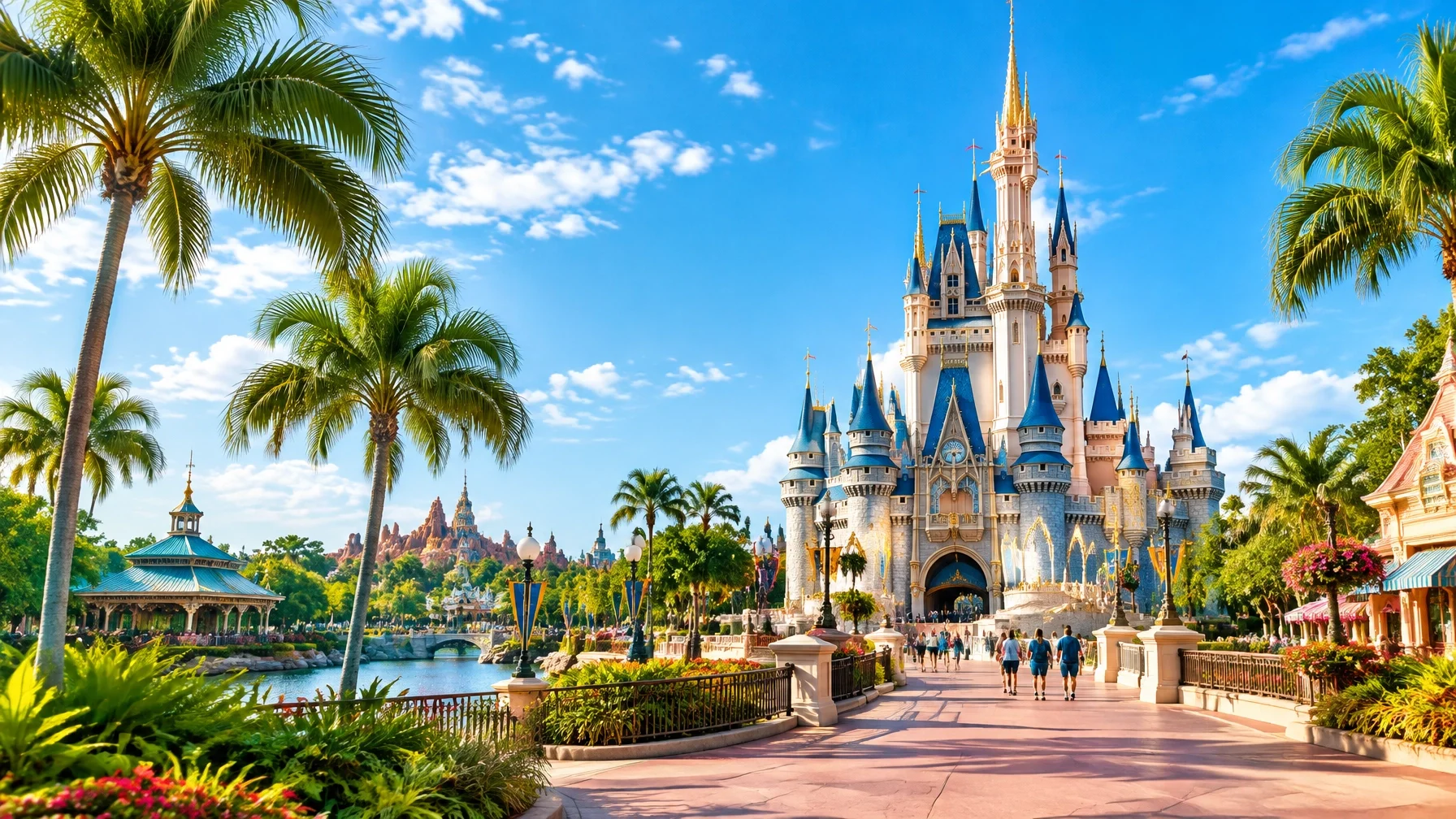 Grand colorful Orlando theme park castle framed by palm trees beneath a bright Florida sky