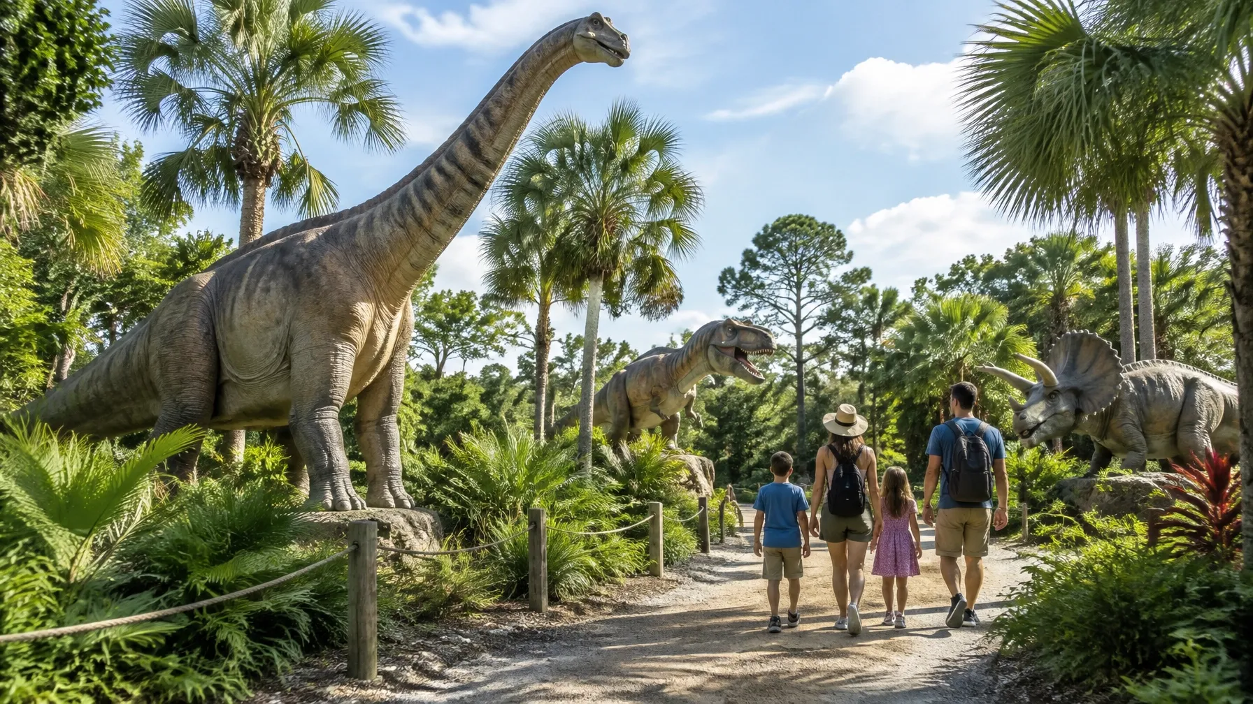 AI-generated family exploring a generic outdoor dinosaur attraction among Florida palms. AI-generated visual for illustrative purposes; destination appearance, features, amenities, and activities may differ from actual offerings.