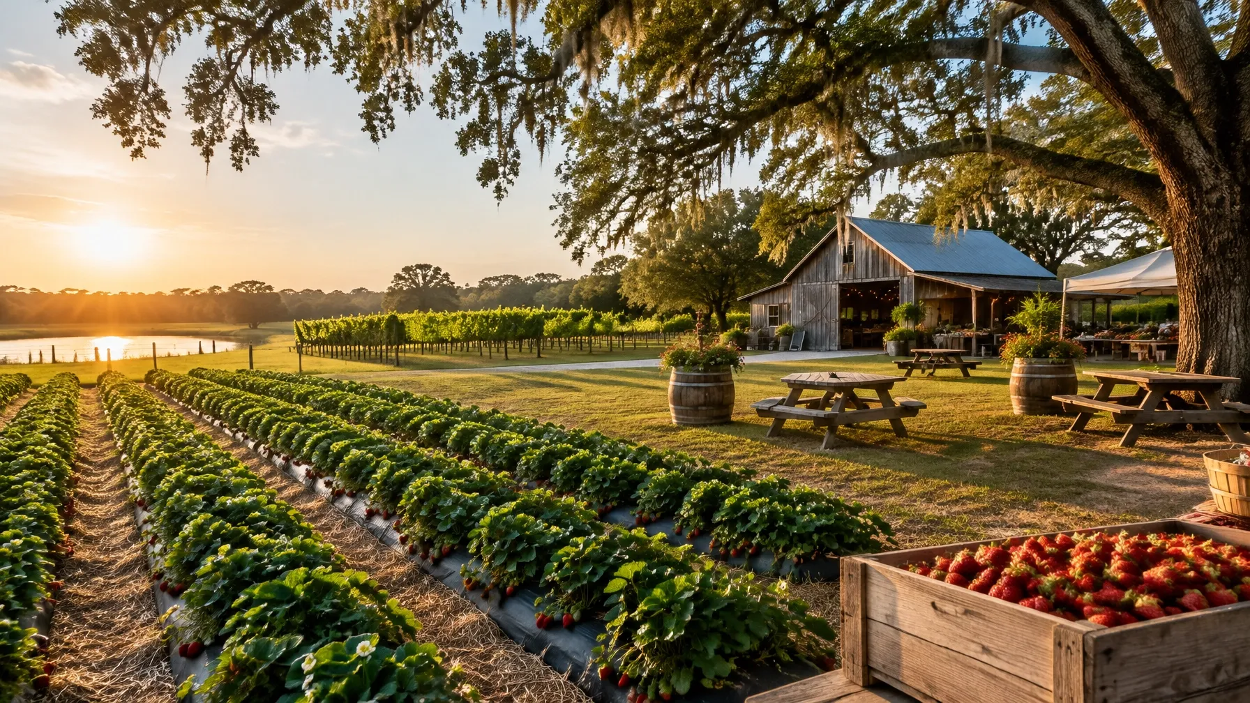 AI-generated Florida farm landscape with crop rows, an unbranded barn, and shaded picnic tables. AI-generated visual for illustrative purposes; destination appearance, features, amenities, and activities may differ from actual offerings.