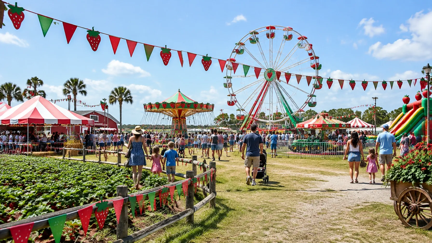 AI-generated family agricultural festival scene with a Ferris wheel and strawberry-themed decorations, no readable signs. AI-generated visual for illustrative purposes; destination appearance, features, amenities, and activities may differ from actual offerings.