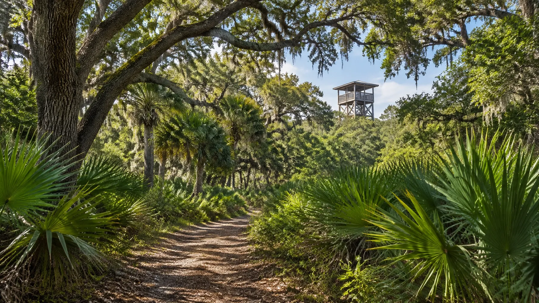 AI-generated wooded Florida nature preserve trail and observation tower. AI-generated visual for illustrative purposes; destination appearance, features, amenities, and activities may differ from actual offerings.