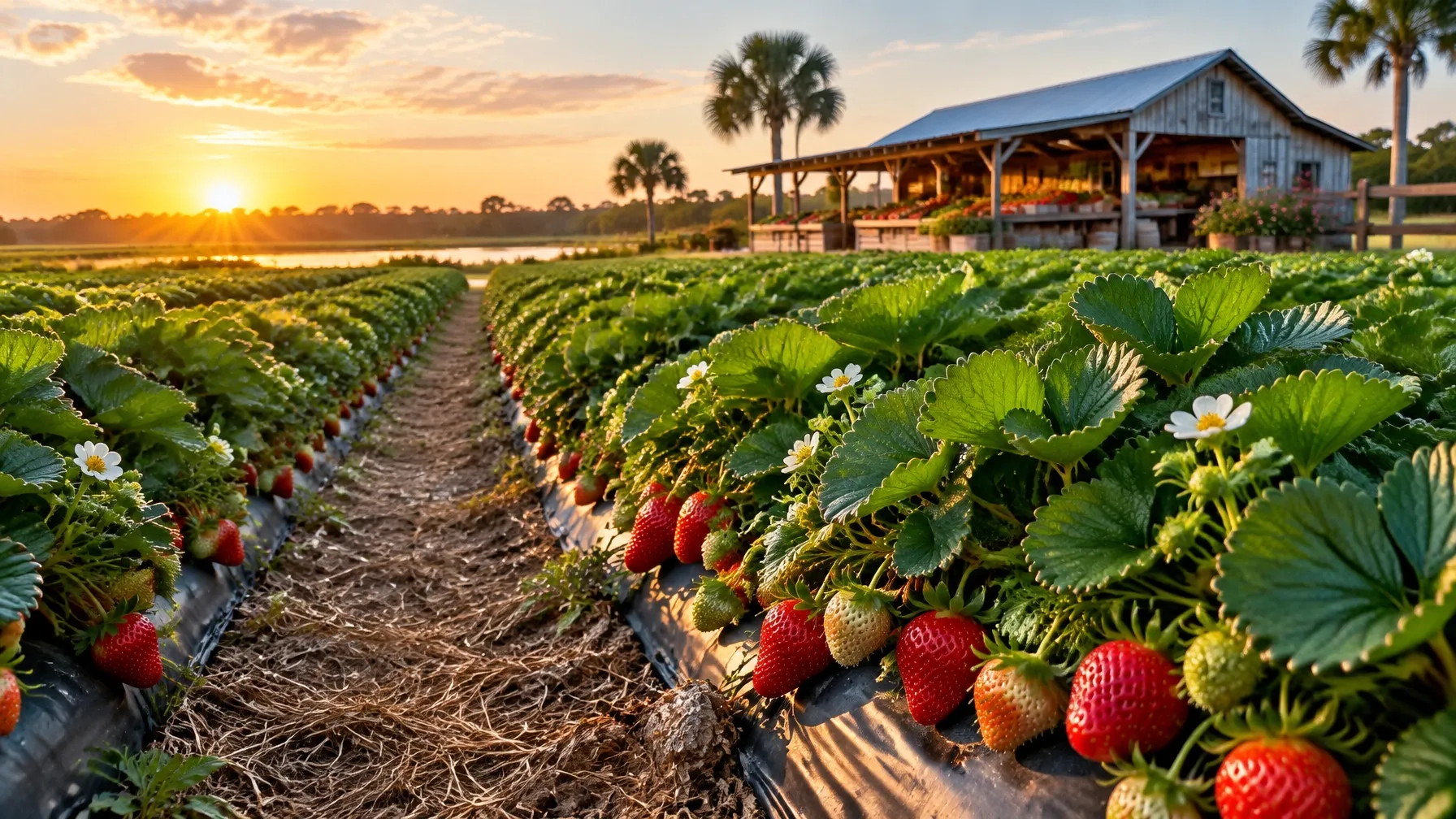 AI-generated ripe strawberries growing in a sunny Florida field. AI-generated visual for illustrative purposes; destination appearance, features, amenities, and activities may differ from actual offerings.