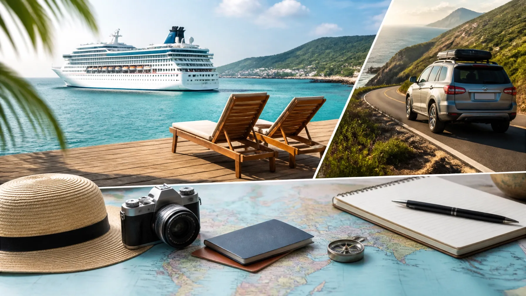 Cruise ship, coastal road, and travel planning essentials beside turquoise water