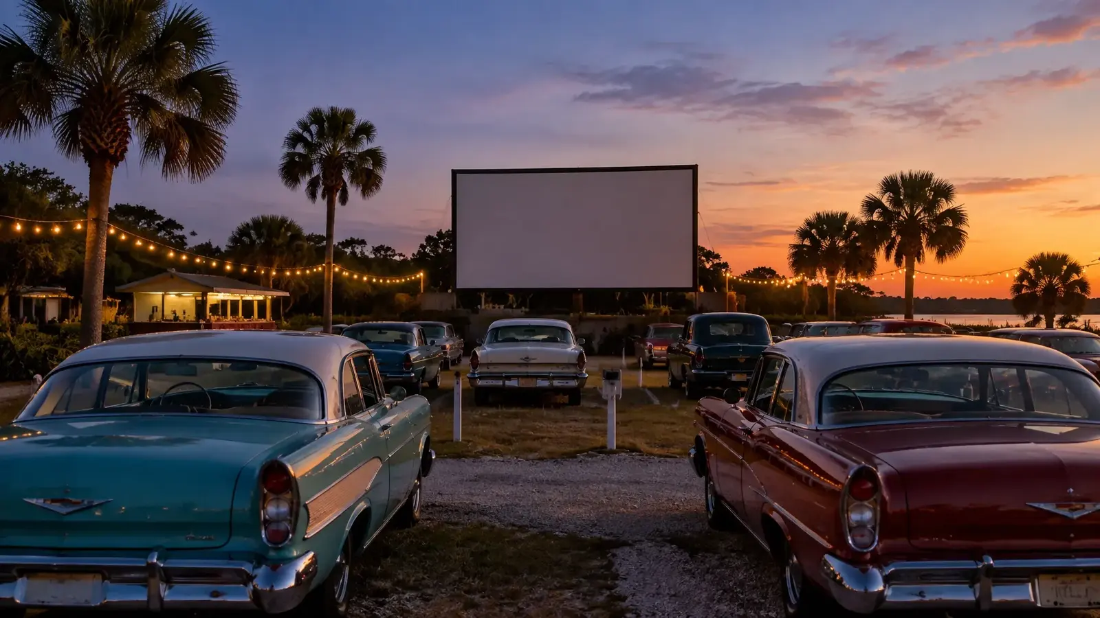 AI-generated vintage-style outdoor movie night at a small community drive-in beneath a Florida evening sky. AI-generated visual for illustrative purposes; destination appearance, features, amenities, and activities may differ from actual offerings.
