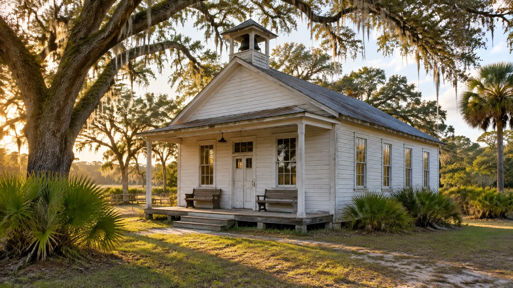 AI-generated early-1900s Florida rural community schoolhouse beneath live oaks. AI-generated visual for illustrative purposes; destination appearance, features, amenities, and activities may differ from actual offerings.
