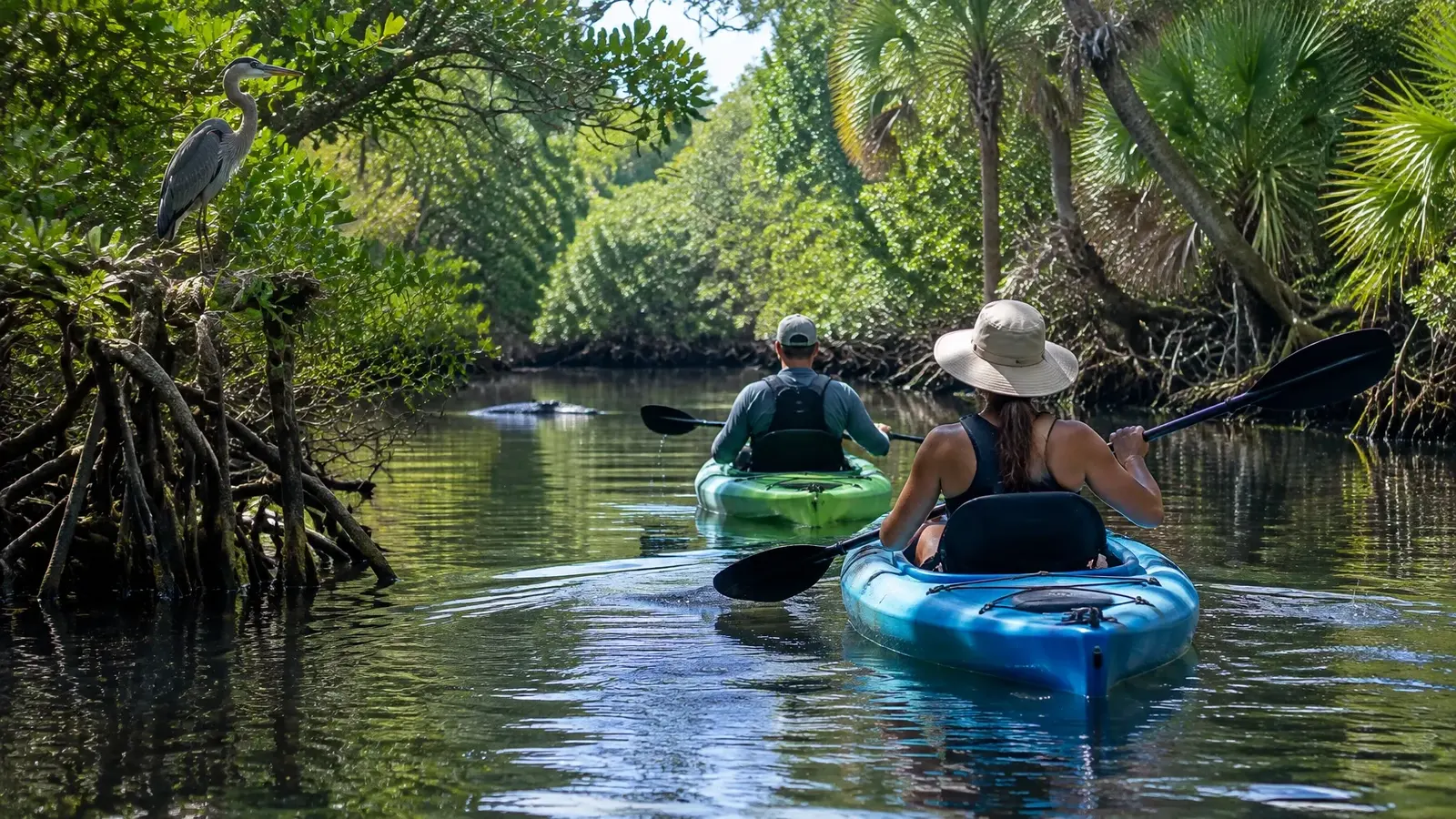AI-generated travelers paddling kayaks on a shaded Florida river. AI-generated visual for illustrative purposes; destination appearance, features, amenities, and activities may differ from actual offerings.