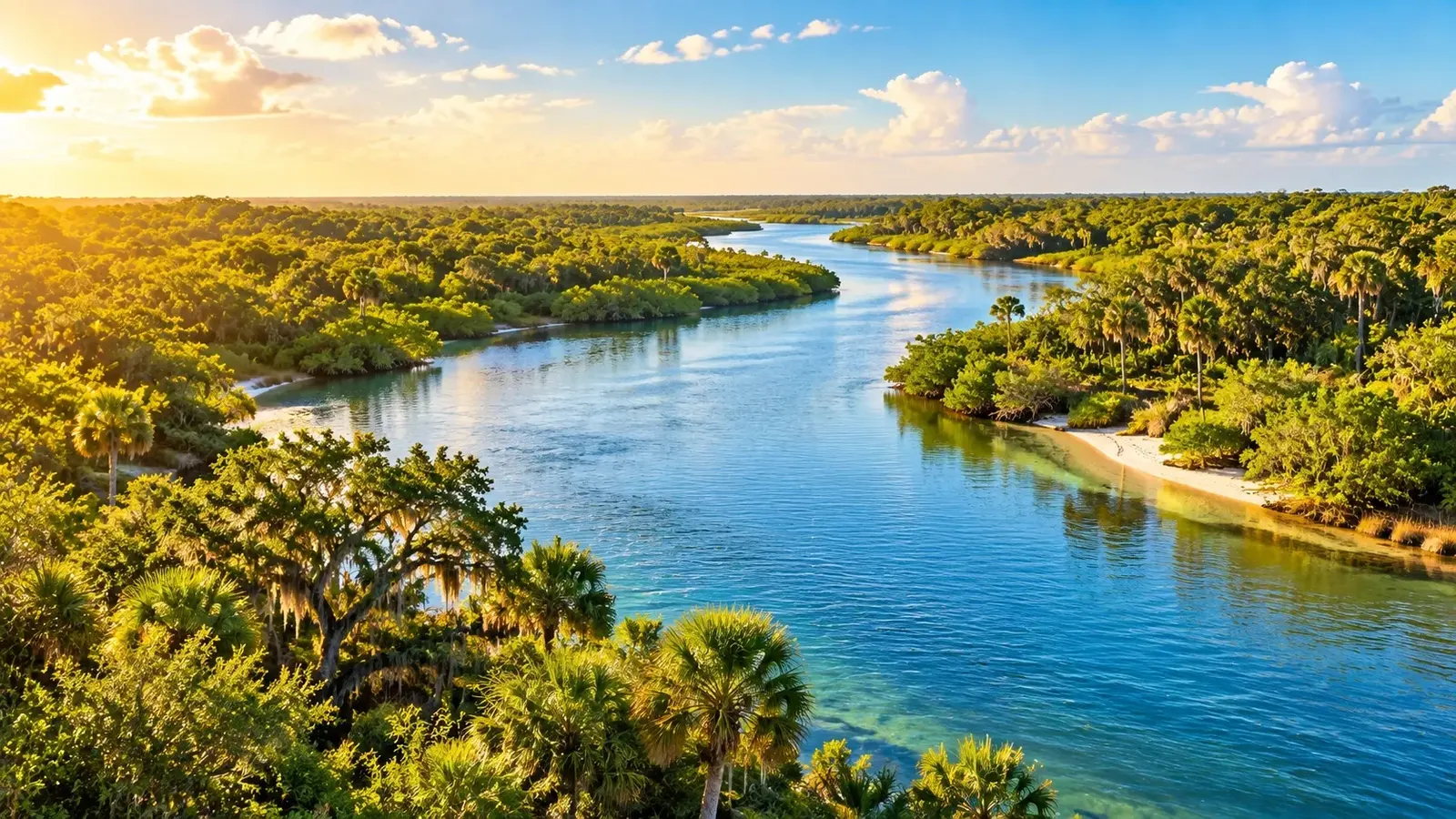 AI-generated aerial view of the Little Manatee River winding through a Florida estuary. AI-generated visual for illustrative purposes; destination appearance, features, amenities, and activities may differ from actual offerings.