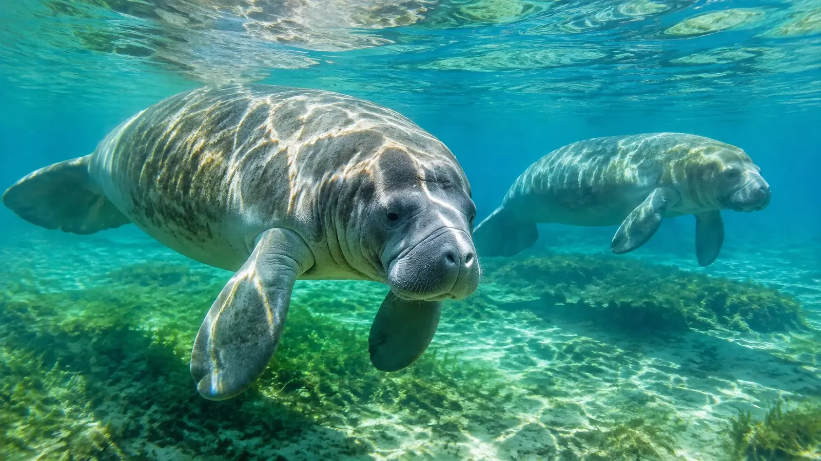 AI-generated manatees swimming beneath clear water in a warm-water habitat. AI-generated visual for illustrative purposes; destination appearance, features, amenities, and activities may differ from actual offerings.