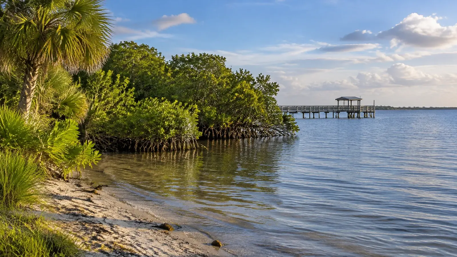 AI-generated quiet waterfront at a Tampa Bay conservation park with estuary shoreline and a distant fishing pier. AI-generated visual for illustrative purposes; destination appearance, features, amenities, and activities may differ from actual offerings.