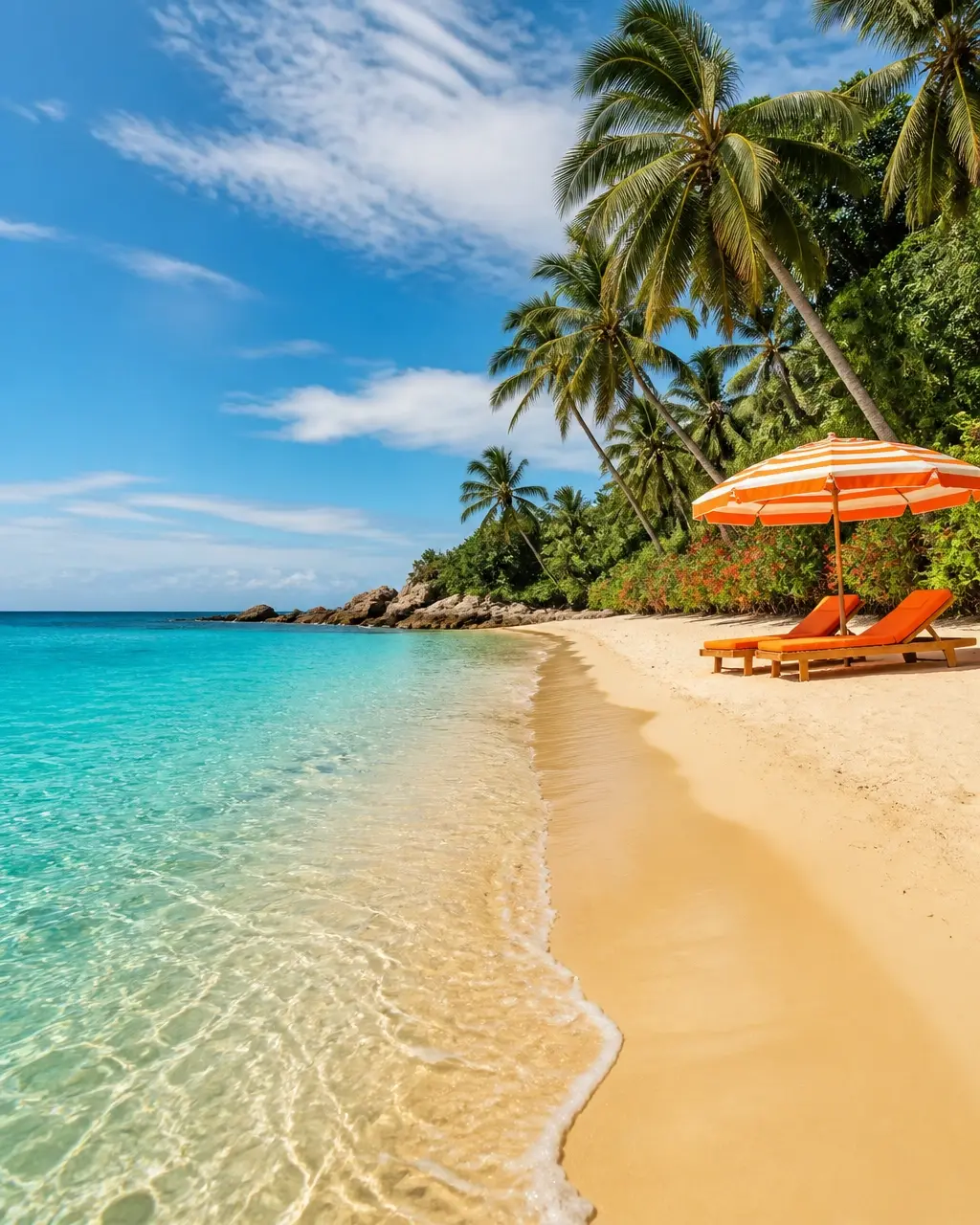 Tropical beach with translucent turquoise water, palms, and a striped umbrella