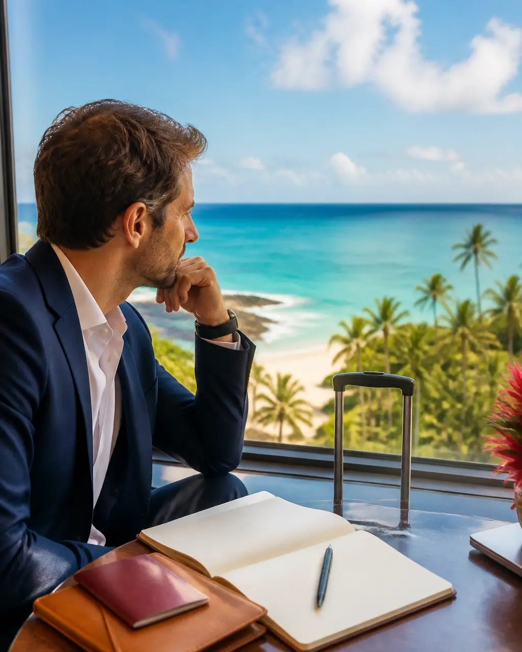 Business traveler planning beside an airport window overlooking a tropical destination