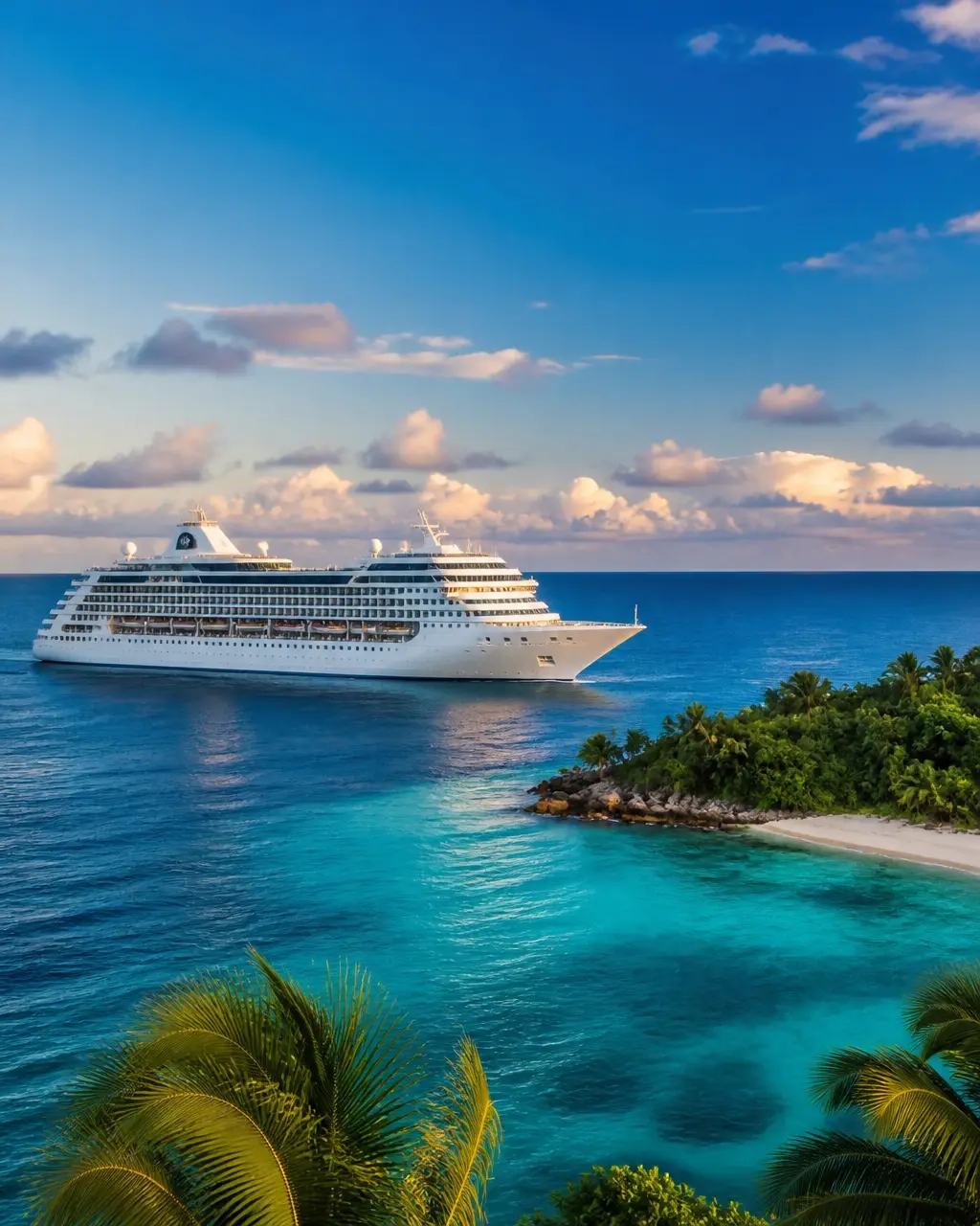 Cruise ship moving through bright blue water beside a tropical island