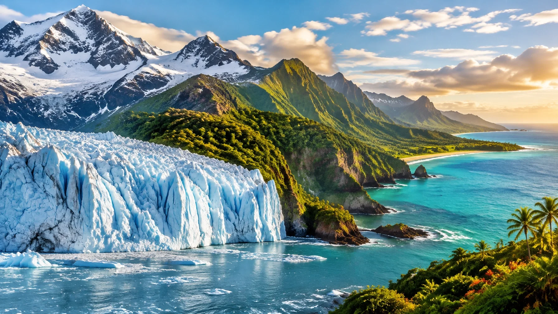 Dramatic travel landscape combining Alaska glaciers and mountains, Hawaiian green coastline, and Caribbean turquoise water