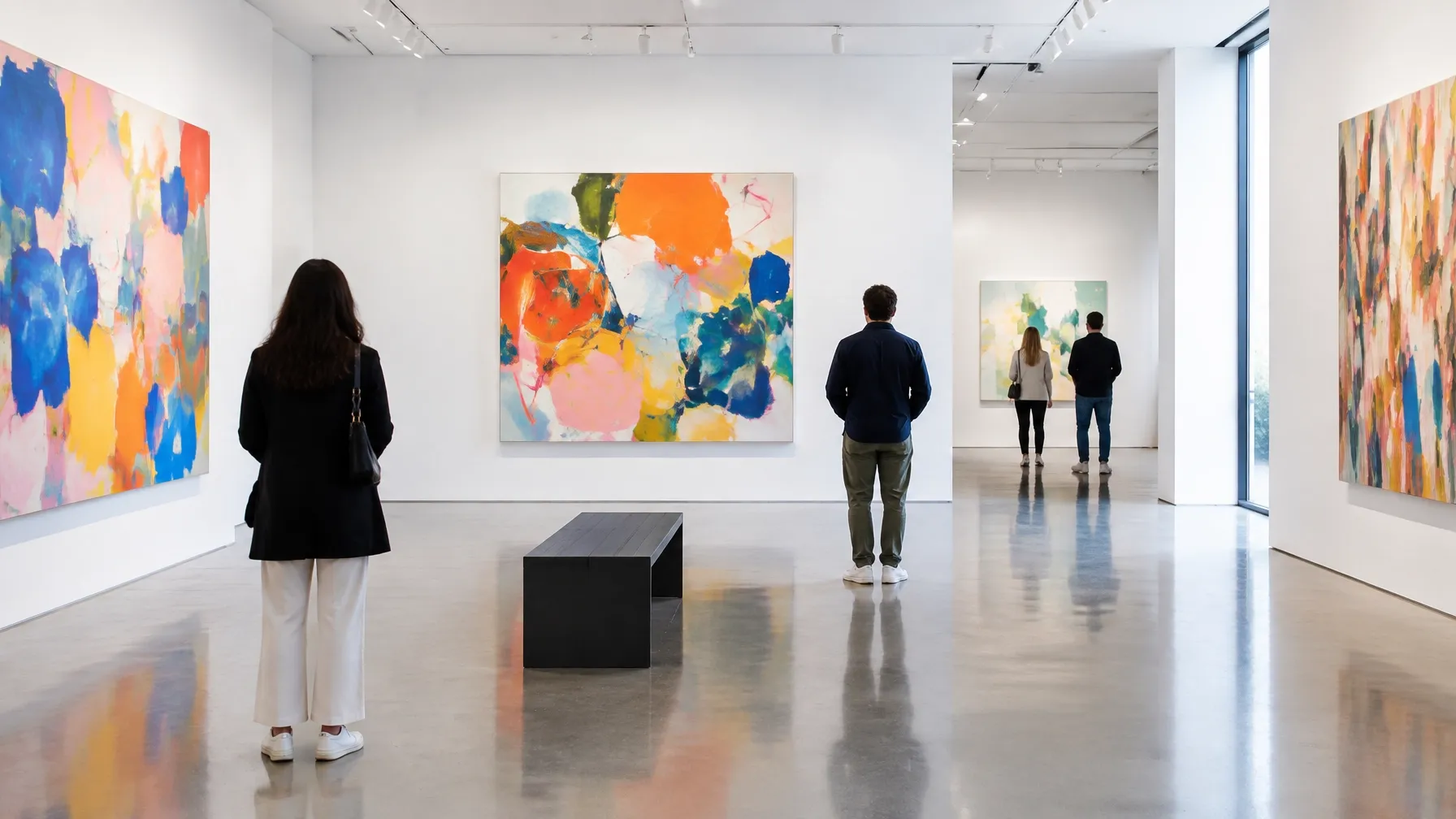 AI-generated colorful modern art gallery with expressive abstract paintings on a white wall. AI-generated visual for illustrative purposes; destination appearance, features, amenities, and activities may differ from actual offerings.