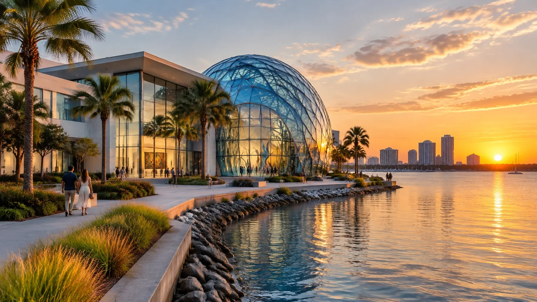 AI-generated contemporary art museum beside Tampa Bay at golden hour. AI-generated visual for illustrative purposes; destination appearance, features, amenities, and activities may differ from actual offerings.