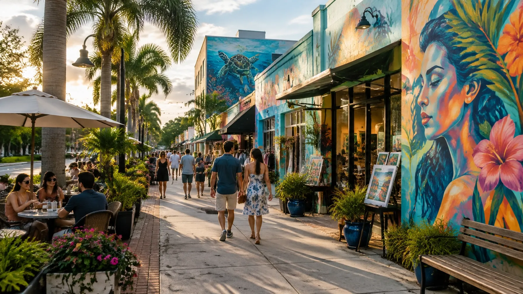 AI-generated walkable Florida arts district with murals and independent storefronts. AI-generated visual for illustrative purposes; destination appearance, features, amenities, and activities may differ from actual offerings.