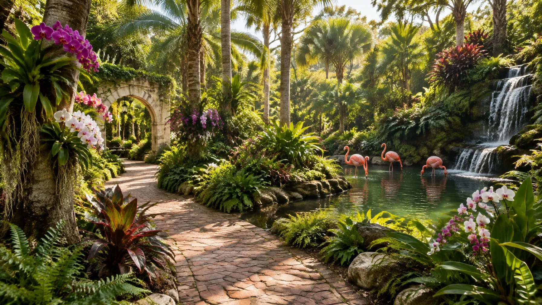 AI-generated lush tropical Florida garden with palms, waterfall, and flamingos. AI-generated visual for illustrative purposes; destination appearance, features, amenities, and activities may differ from actual offerings.