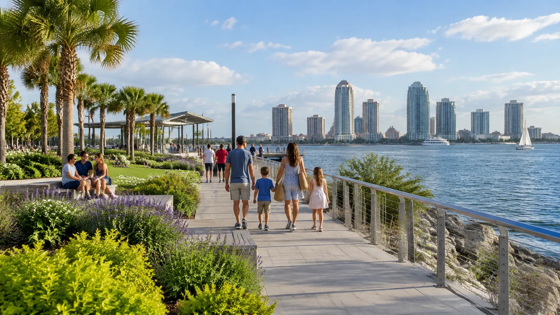 AI-generated Tampa Bay waterfront pier park with families and landscaped paths. AI-generated visual for illustrative purposes; destination appearance, features, amenities, and activities may differ from actual offerings.