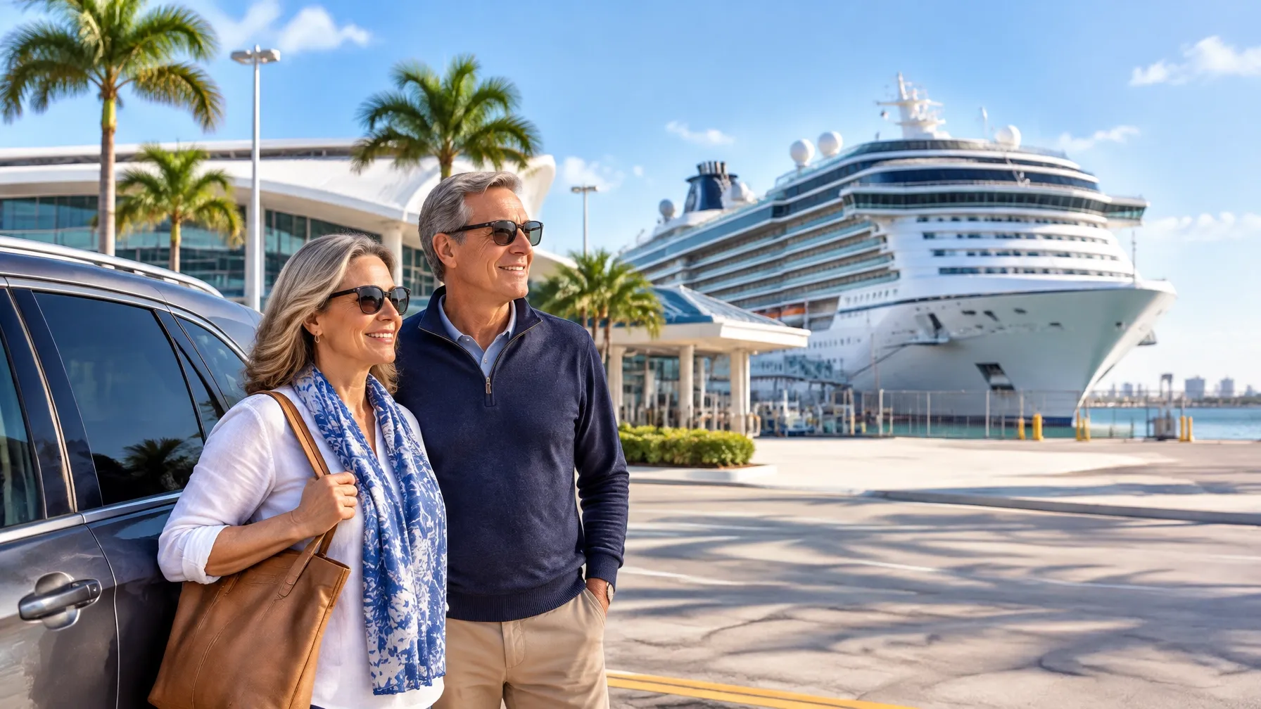 AI-generated image of a couple arriving by car at a Florida cruise port, with a modern cruise ship in the background. AI-generated image for illustrative purposes.