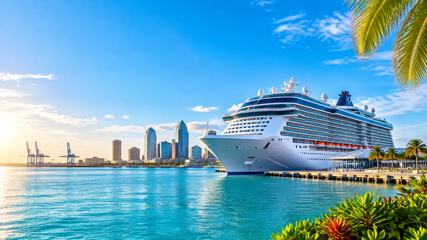AI-generated image of an unbranded cruise ship at Port Tampa Bay in bright Florida sunlight, with Tampa in the distance. AI-generated image for illustrative purposes.