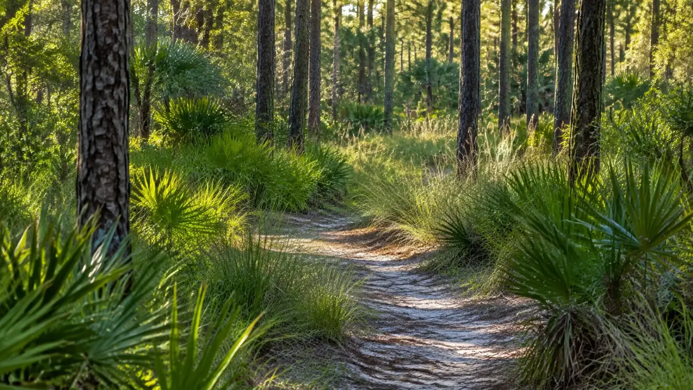 AI-generated white-tailed deer at a distance on a shaded Florida trail. AI-generated visual for illustrative purposes.