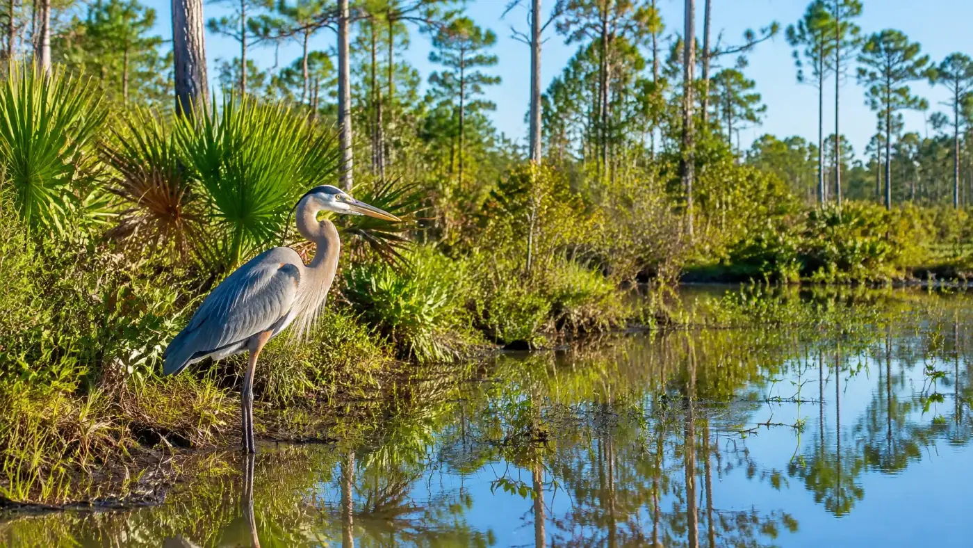 AI-generated heron beside a quiet Florida wetland. AI-generated visual for illustrative purposes.
