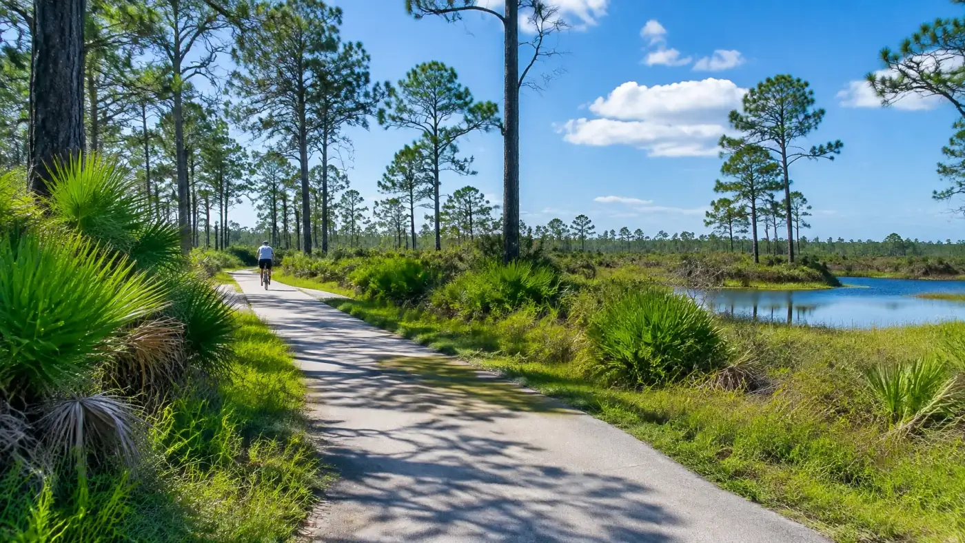 AI-generated paved multi-use path curving through Florida pine flatwoods. AI-generated visual for illustrative purposes.