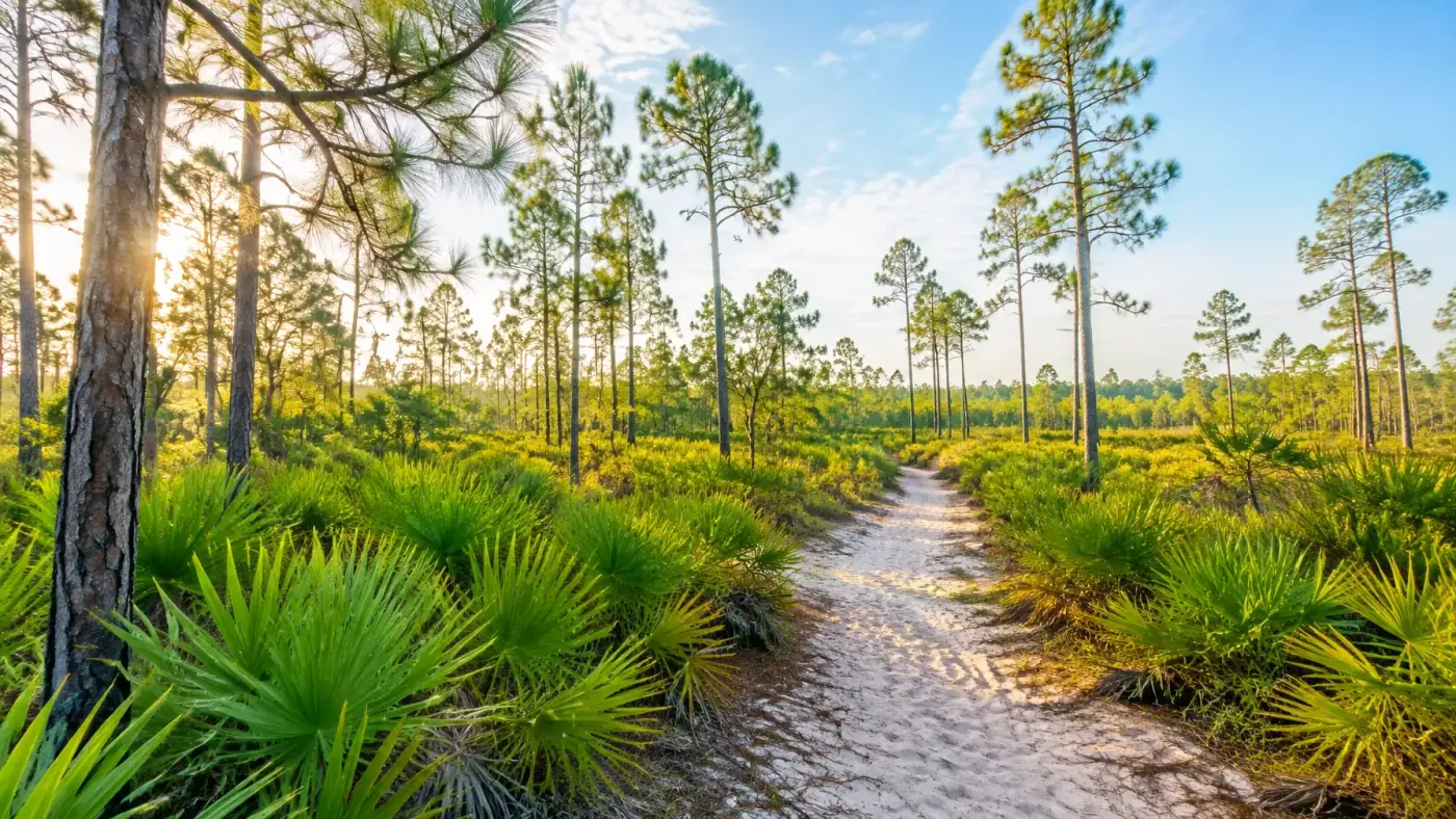 AI-generated sandy trail winding through Florida pine flatwoods. AI-generated visual for illustrative purposes.