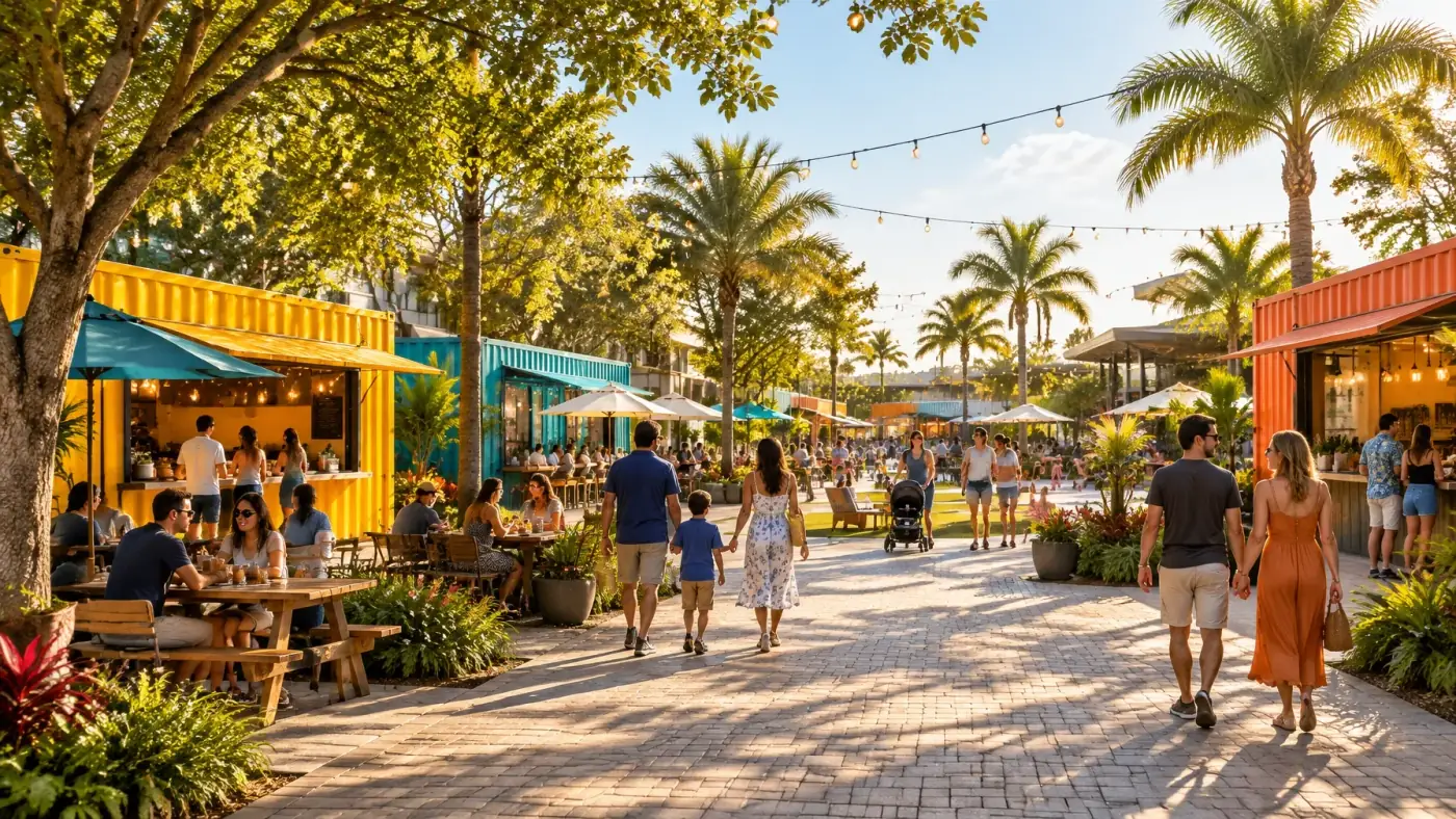 AI-generated open-air Florida dining courtyard with colorful kiosks, shade trees, and visitors strolling. AI-generated visual for illustrative purposes. This image does not depict the actual KRATE at The Grove.
