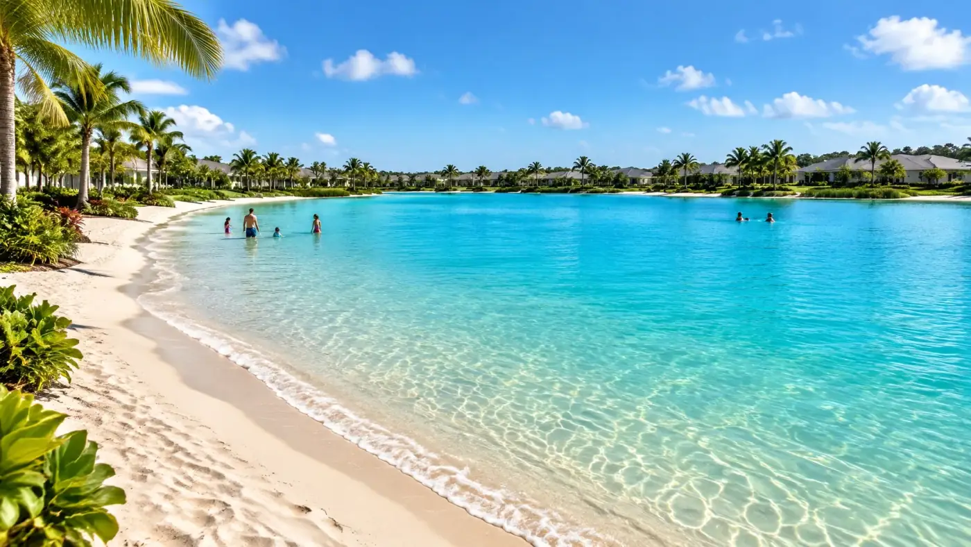 AI-generated Florida lagoon with turquoise water, sandy shoreline, palms, and distant homes. AI-generated visual for illustrative purposes. This image does not depict the actual Epperson Lagoon.
