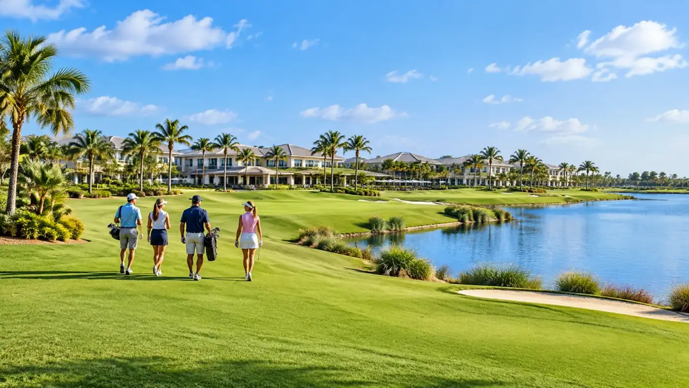 AI-generated Florida golf landscape with a green fairway, palms, and low-rise resort buildings in the distance. AI-generated visual for illustrative purposes.