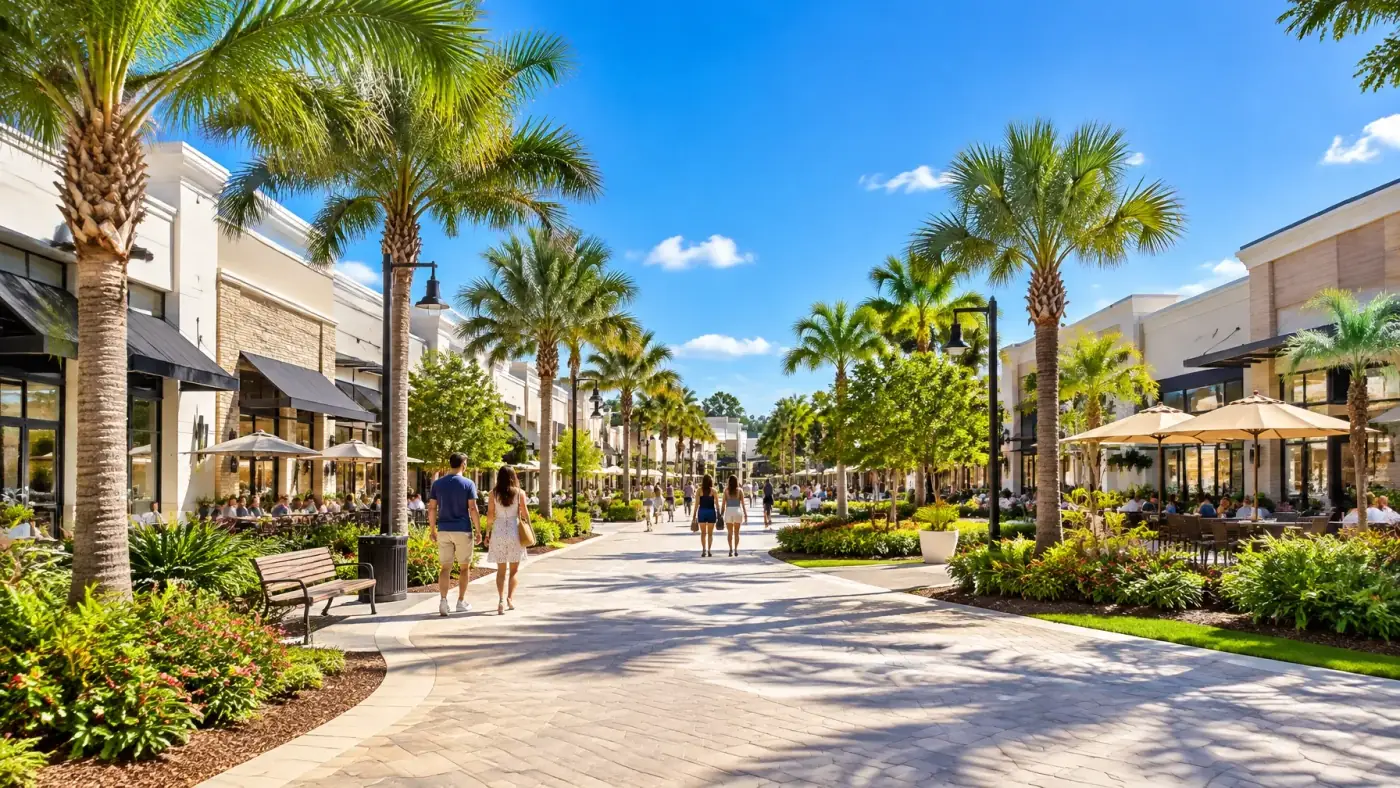 AI-generated Florida shopping district with landscaped pedestrian promenade and modern retail buildings. AI-generated visual for illustrative purposes.