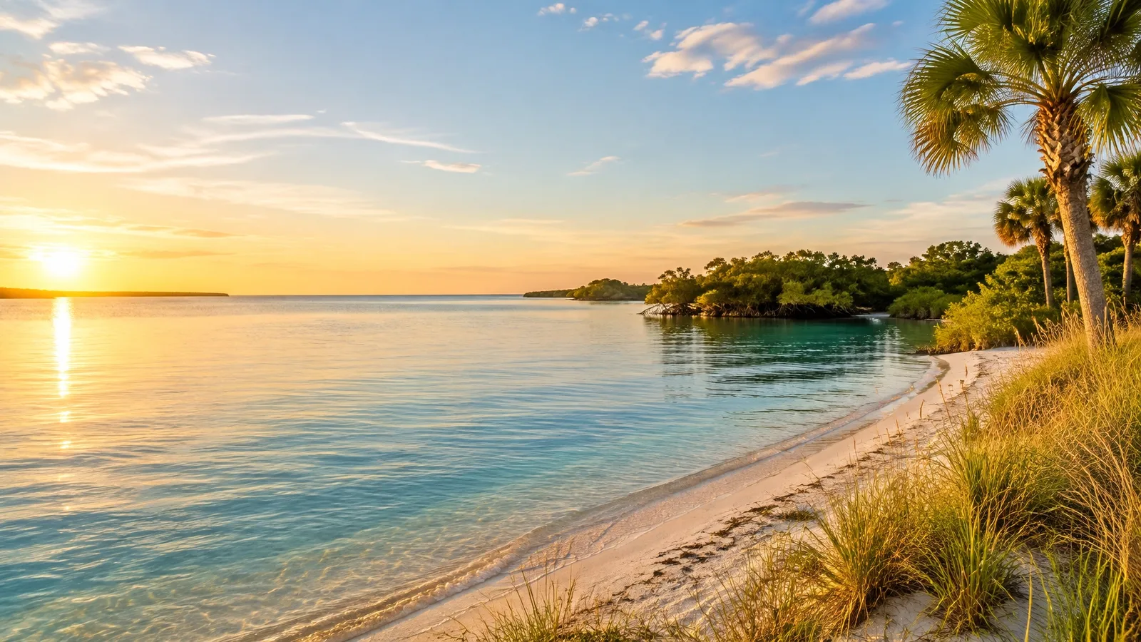 Sunlit Tampa Bay shoreline with calm water, native coastal grasses, and palms